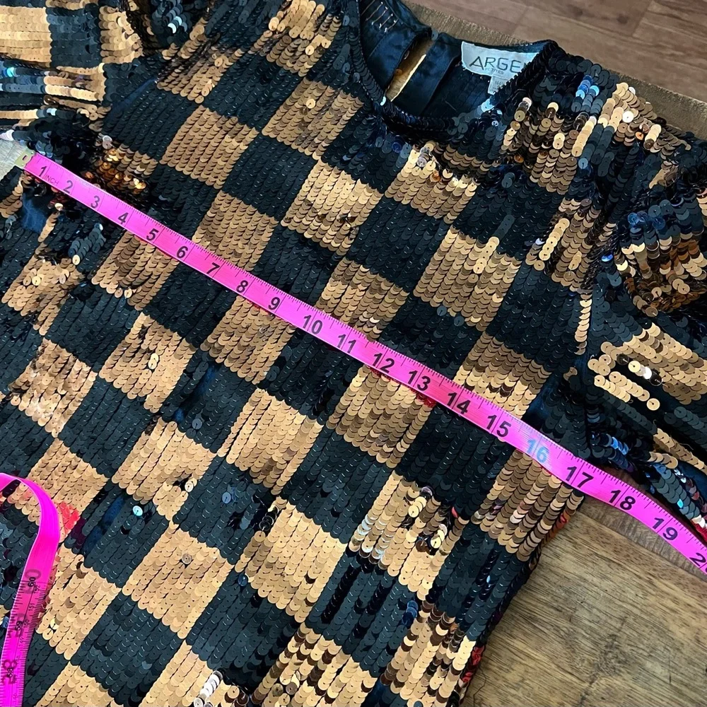 Argenti Vintage Black & Copper Sequins Checkered Silk Blouse Size S - Picture 10 of 14